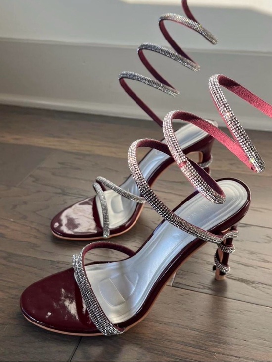 Azalea Wang Shoes - Spiral Rhinestone Strappy Heels in Burgundy